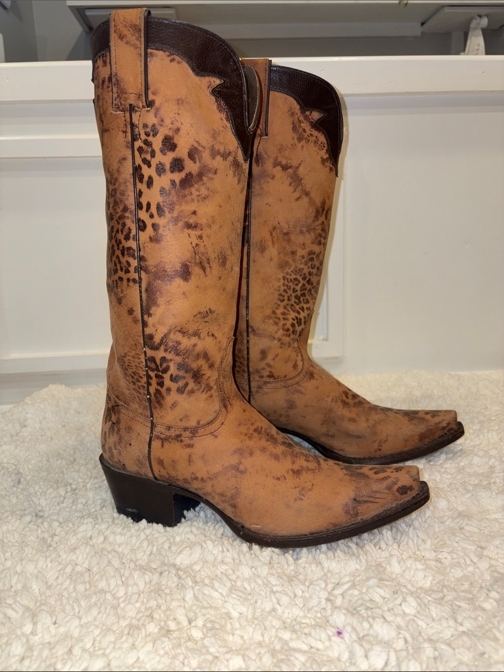 Women's Tan Western Leopard-Print Leather Knee-High Boots
